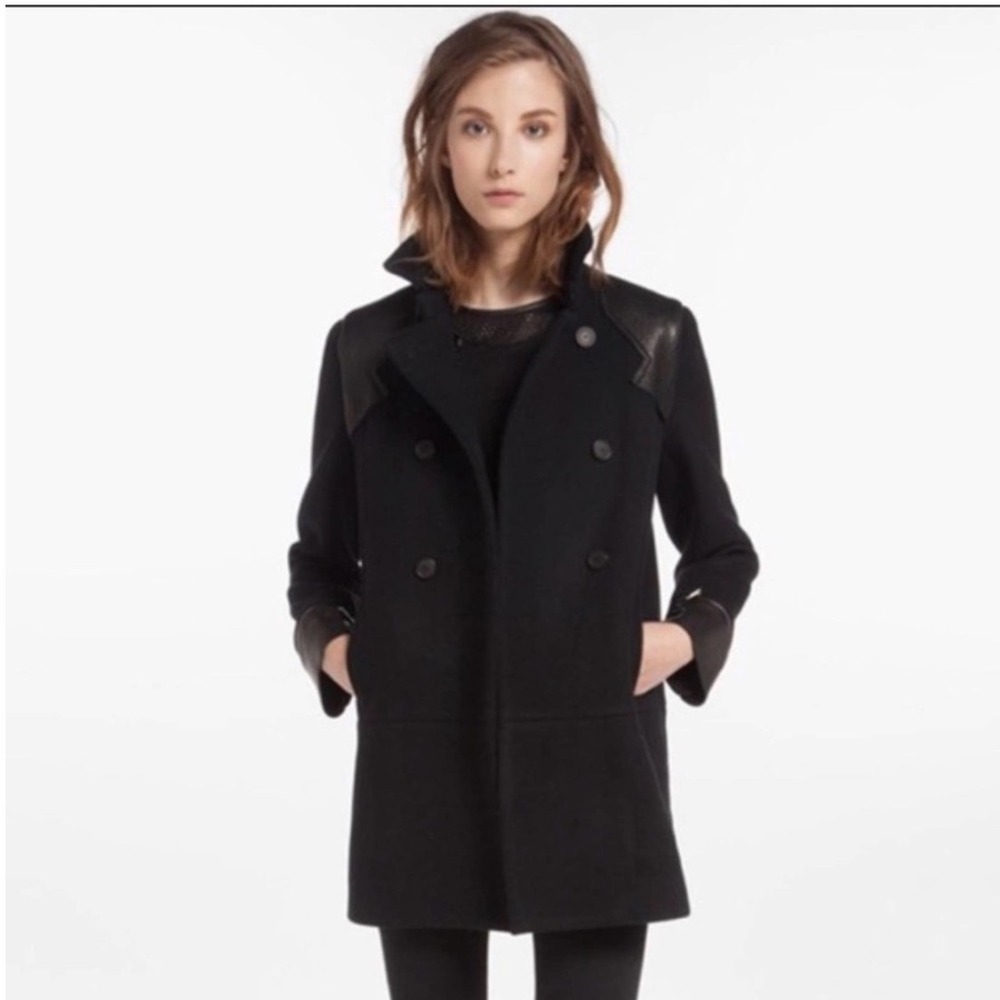 MAJE Daho double breasted Peacoat Black ‎ wool-cashmere blend leather trim Sz 40